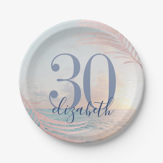 Beach Birthday Party Custom Age Name Paper Plates (Front)