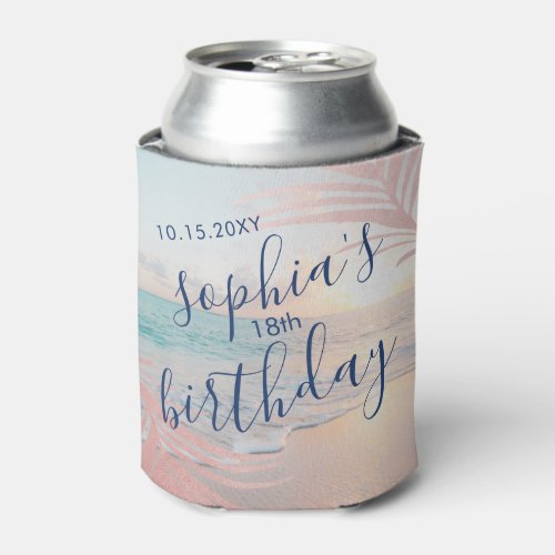 Beach Birthday Party Favor Pink Personalized Can Cooler