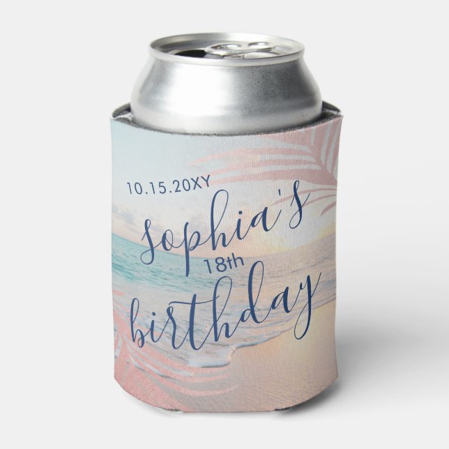 Beach Birthday Party Favor Pink Personalized Can Cooler (Can Front)