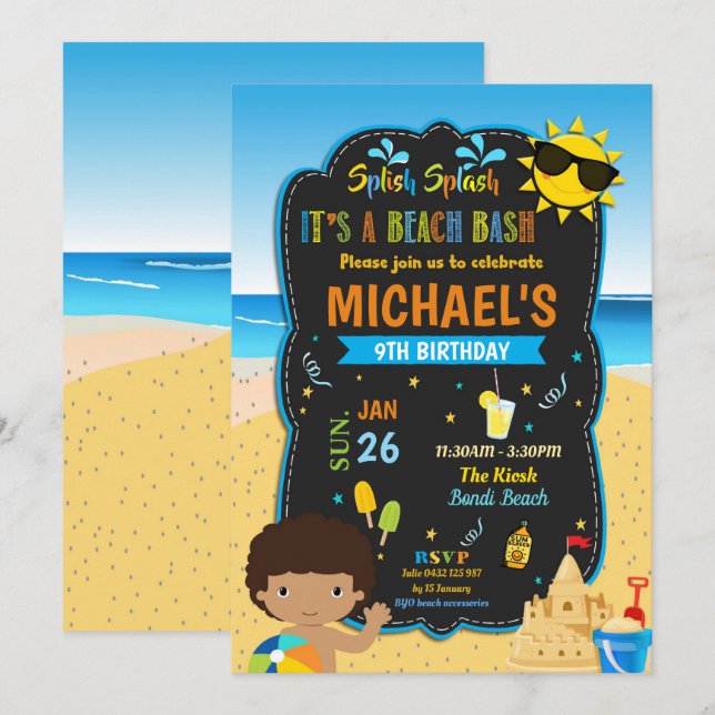 Beach Birthday Party Pool Boy Summer Dark Skin Invitation (Front/Back)