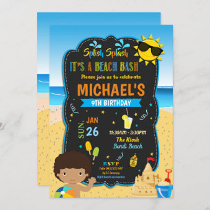 Beach Birthday Party Pool Boy Summer Dark Skin Invitation