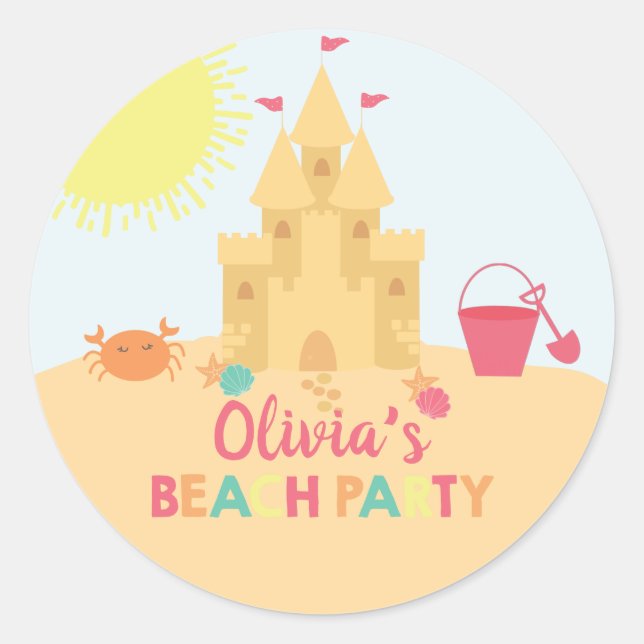 Beach Birthday party sand castle Classic Round Sticker (Front)