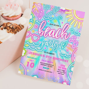 Beach Birthday Party Summer Beach Tie Dye Glow  Invitation