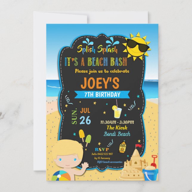 Beach Birthday Party Summer Blond Boy  Invitation (Front)