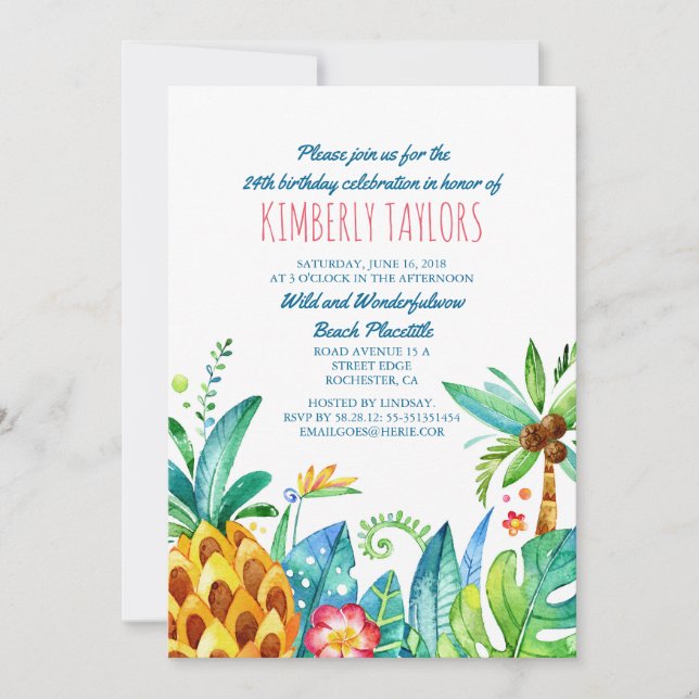 Beach Birthday Party Tropical Pineapple Palms Invitation (Front)