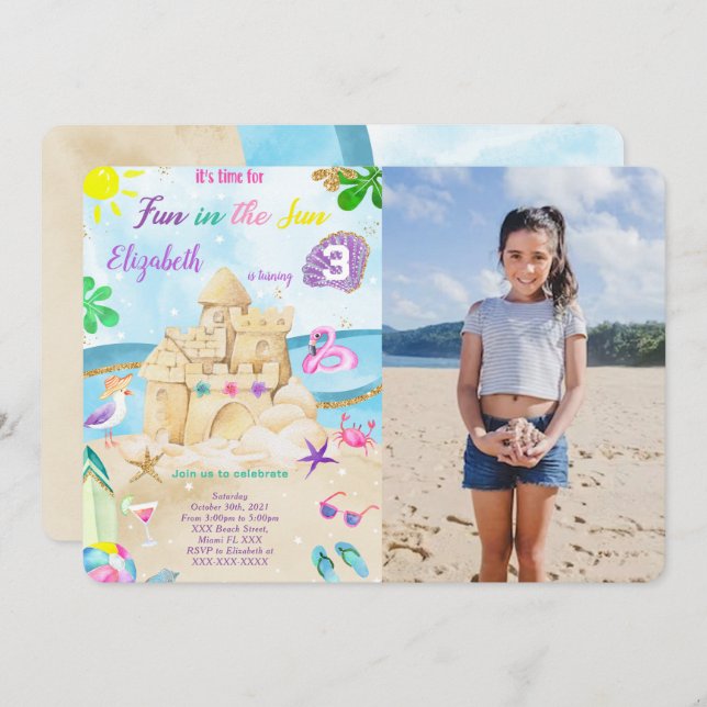 Beach Birthday Photo Invitations (Front/Back)
