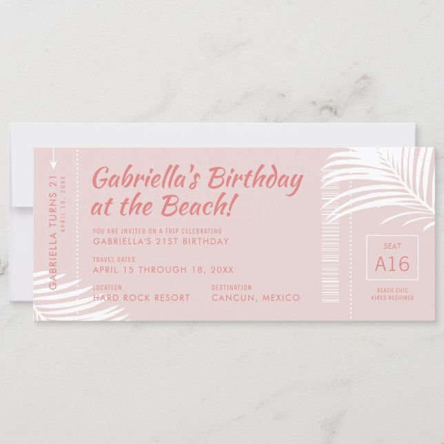 Beach Birthday Trip Ticket Boarding Pass Pink Invitation (Front)