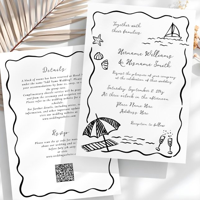 Beach Black Hand Drawn QR RSVP All-In-One Wedding Invitation (Creator Uploaded)