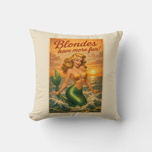 Beach Blonde Pin-Up Mermaid Art Retro Coastal Life Throw Pillow
