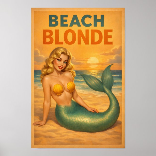 Beach Blonde Pin-Up Mermaid Retro Coastal Life Art Poster (Front)