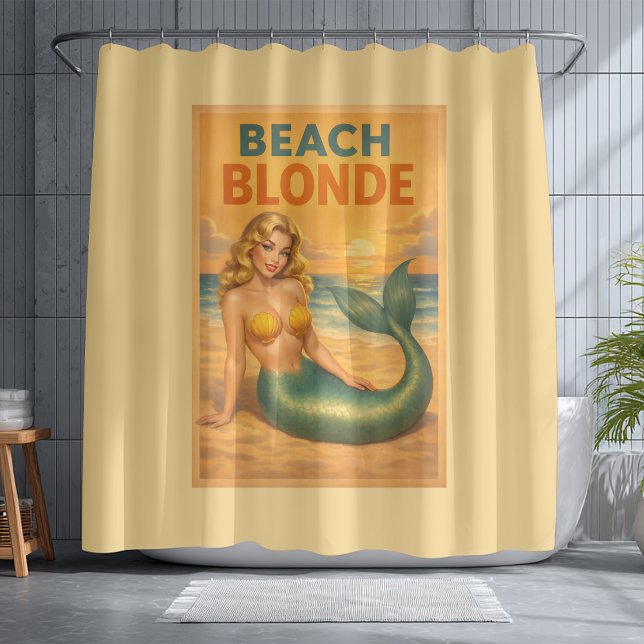 Beach Blonde Pin-Up Mermaid | Yellow Retro Coastal Shower Curtain (Creator Uploaded)