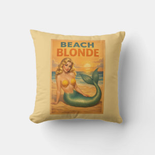 Beach Blonde Pin-Up Mermaid Yellow Retro Coastal Throw Pillow