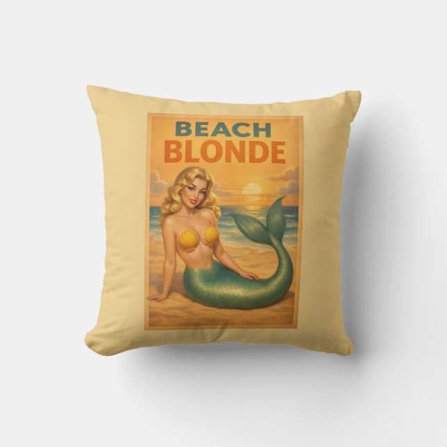 Beach Blonde Pin-Up Mermaid - Yellow Retro Coastal Throw Pillow (Front)