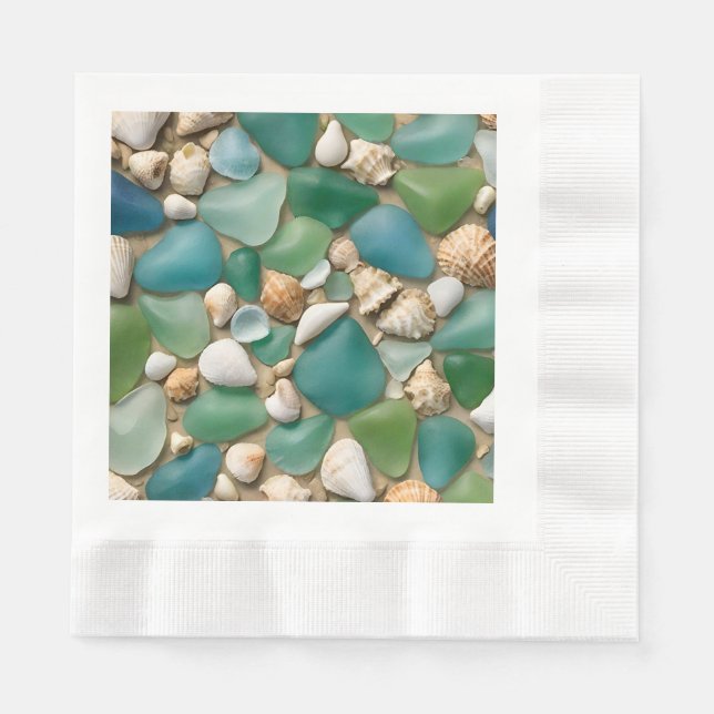 Beach Blue and Green Sea Glass and Seashells Napkins (Front)