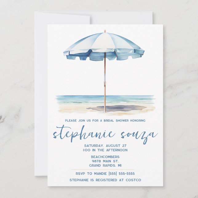 Beach, Blue and White Umbrella, Bridal Shower Invitation (Front)