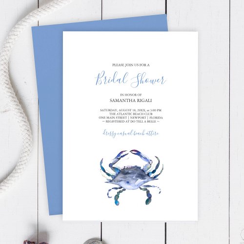 Beach Blue and White Watercolor Crab Invitation