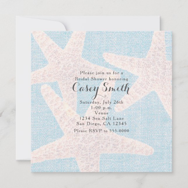 Beach Blue Burlap Starfish Elegant Wedding Bridal Invitation (Front)