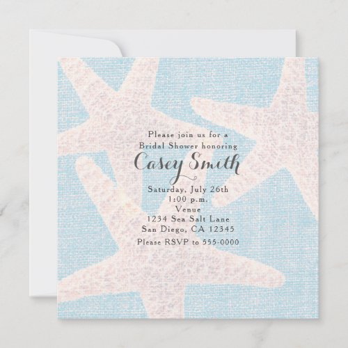 Beach Blue Burlap Starfish Elegant Wedding Bridal Invitation