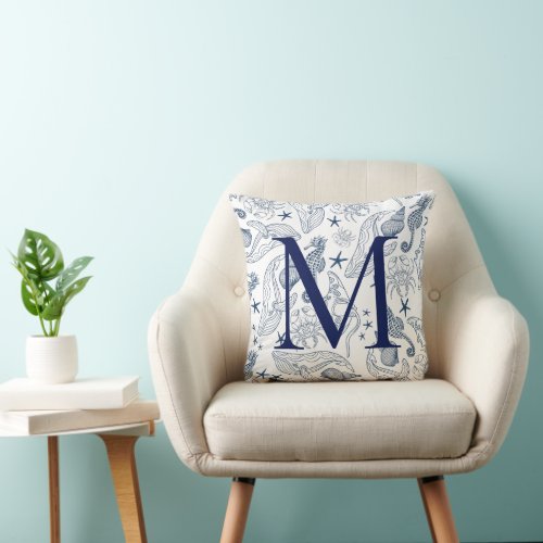 Beach Blue Coastal Monogram Throw Pillow