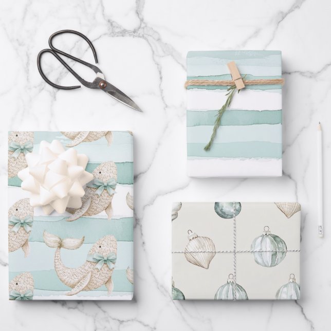 Beach Blue Coastal White Whale Stripes Christmas   Wrapping Paper Sheets (Front)
