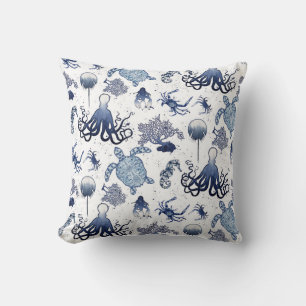 Beach Blue Coral Modern Watercolor Sea Turtle Art Throw Pillow