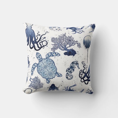 Beach Blue Coral Modern Watercolor Sea Turtle Art Throw Pillow