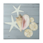 Beach Blue Cottage Starfish Sanddollar Conch Shell Ceramic Tile<br><div class="desc">Hand painted oil pastel Conch Shell, Starfish and watercolor painted sun bleached sand dollar seashells with elegant, painterly detail were created by internationally licensed artist and designer, Audrey Jeanne Roberts. Simple, relaxed and rustic beach cottage design is layered over a dusty slate blue painted and weathered wood background for a...</div>