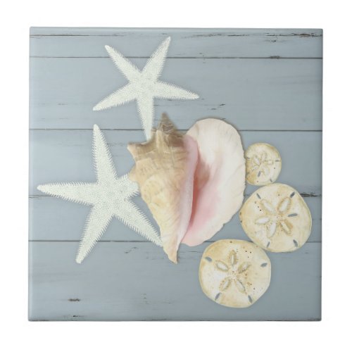 Beach Blue Cottage Starfish Sanddollar Conch Shell Ceramic Tile