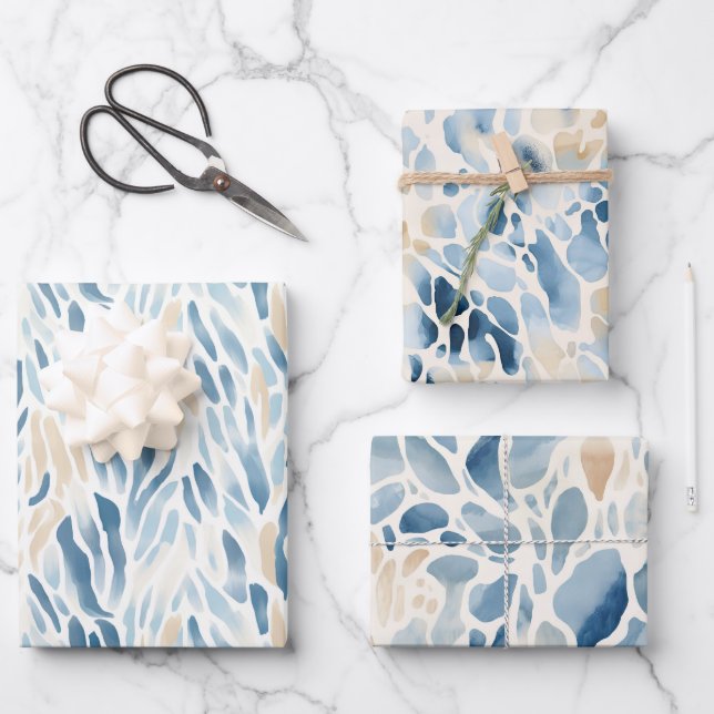 Beach Blue Cream Abstract Animal Print Birthday Wrapping Paper Sheets (Front)