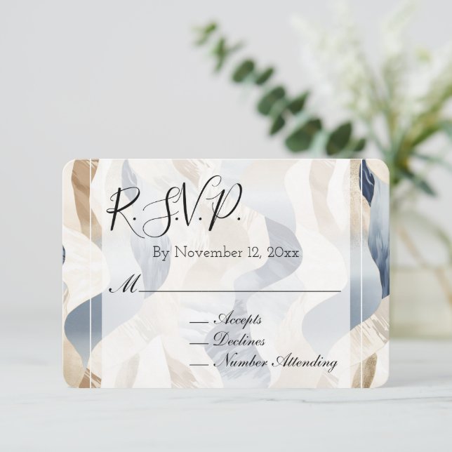 Beach Blue Cream Sand Ivory Abstract Wedding RSVP Enclosure Card (Standing Front)