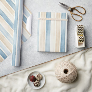 Beach Blue Cream Stripes Birthday Wrapping Paper