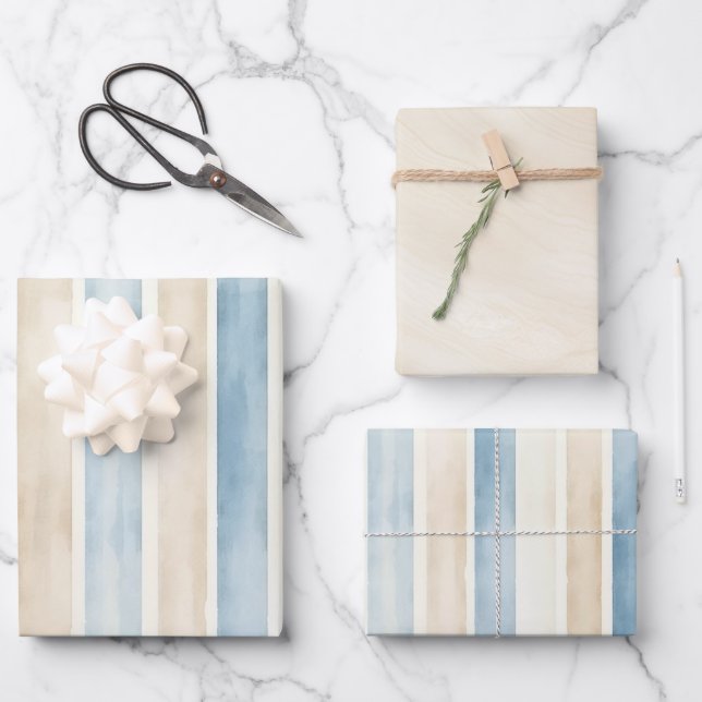 Beach Blue Cream Stripes Birthday Wrapping Paper Sheets (Front)
