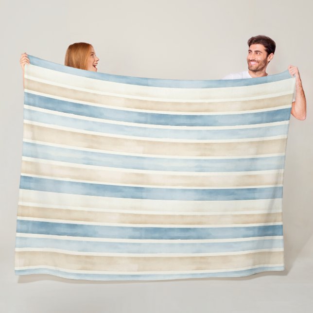 Beach Blue Cream Stripes Fleece Blanket (In Situ)