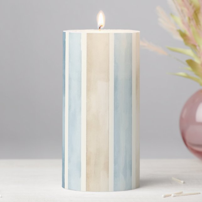 Beach Blue Cream Stripes Pillar Candle (In Situ)
