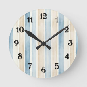 Beach Blue Cream Stripes Round Clock