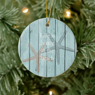Beach Blue Faux Wood Starfish Ceramic Ornament