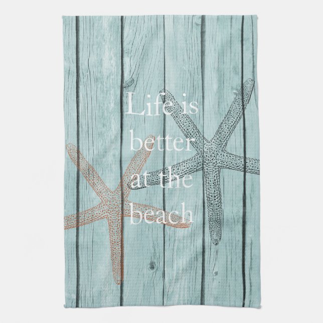 Beach Blue Faux Wood Starfish  Kitchen Towel (Vertical)