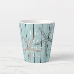 Beach Blue Faux Wood Starfish Latte Mug
