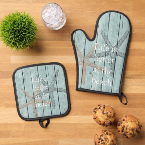 Beach Blue Faux Wood Starfish  Oven Mitt  Pot Holder Set