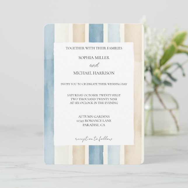 Beach Blue Ivory Cream Sand Stripes Wedding Invitation (Standing Front)