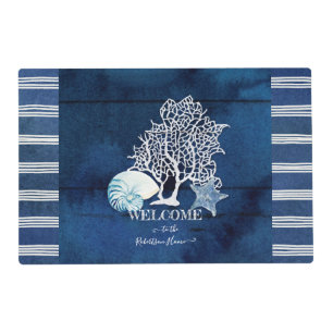 Beach Blue n White Sea Shells Coral Welcome Family Placemat