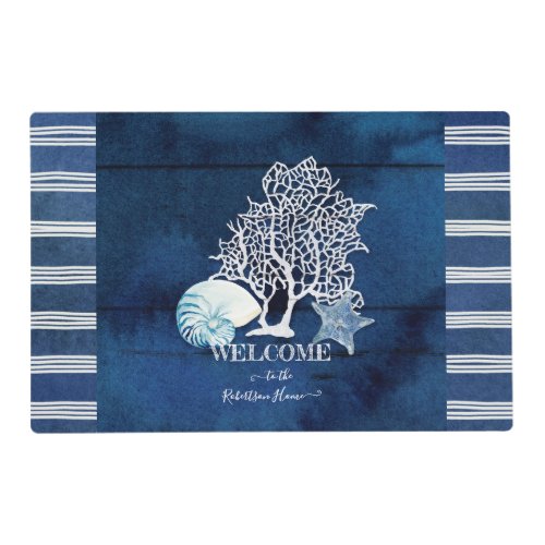 Beach Blue n White Sea Shells Coral Welcome Family Placemat