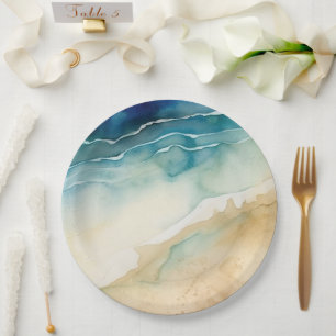 Beach Blue Ocean Sand Wedding Paper Plates