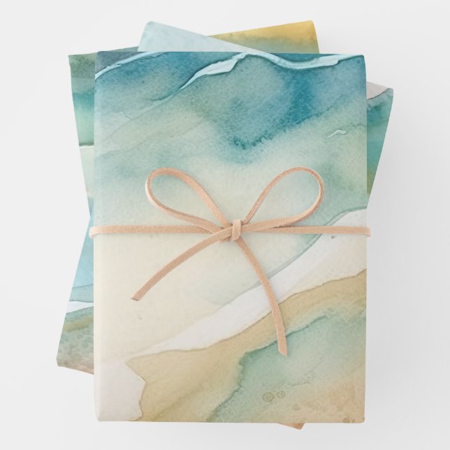 Beach Blue Ocean Sand Wedding Wrapping Paper Sheets (In situ)
