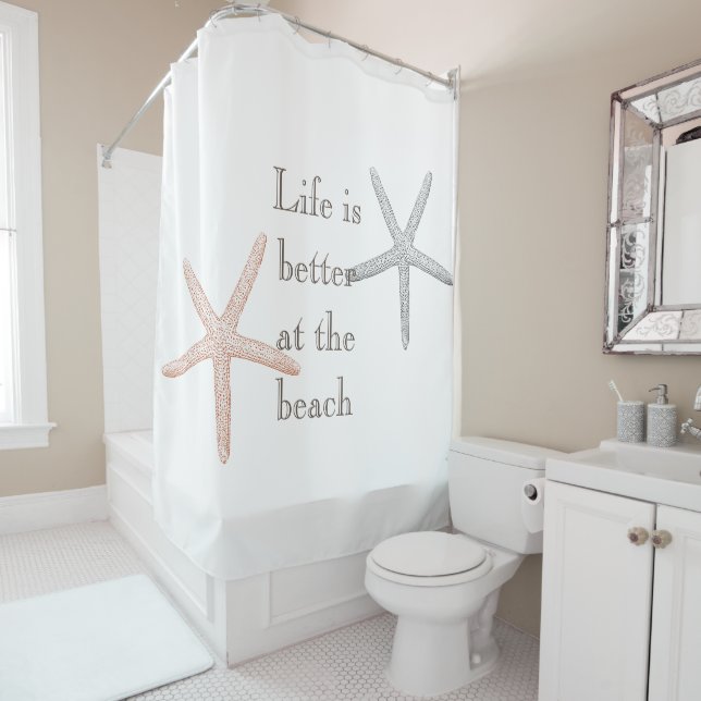 Beach Blue Peach Starfish  Shower Curtain (In Situ)