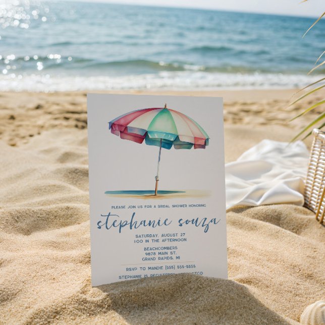 Beach, Blue, Red, Teal Umbrella, Bridal Shower Invitation (Creator Uploaded)
