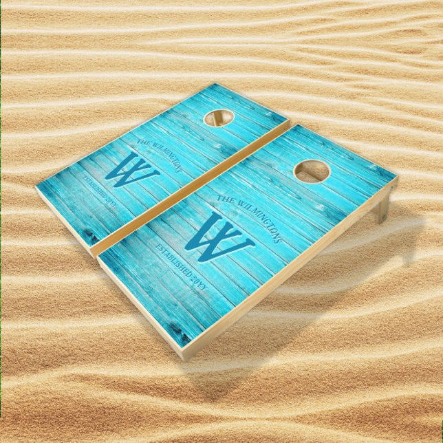 Beach Blue Rustic Monogram Wedding Cornhole Set (Creator Uploaded)