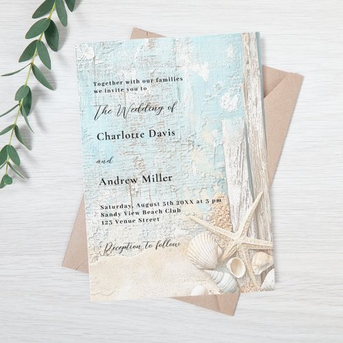 Beach blue sand starfish driftwood luxury wedding invitation