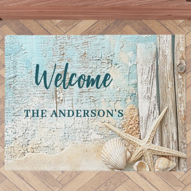 Beach blue sand starfish shell welcome doormat (Creator Uploaded)