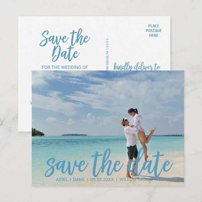 Beach Blue Save the Date Photo Announcement Postcard (Front/Back)